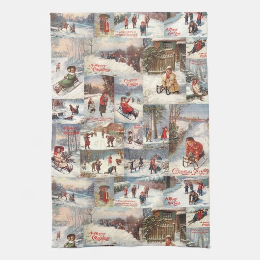 ヴィンテージ冬おもしろいクリスマスコラージュ キッチンタオル (縦)