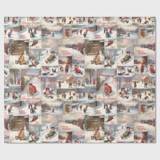 ヴィンテージ冬おもしろいクリスマスコラージュ ラッピングペーパー (フラット)