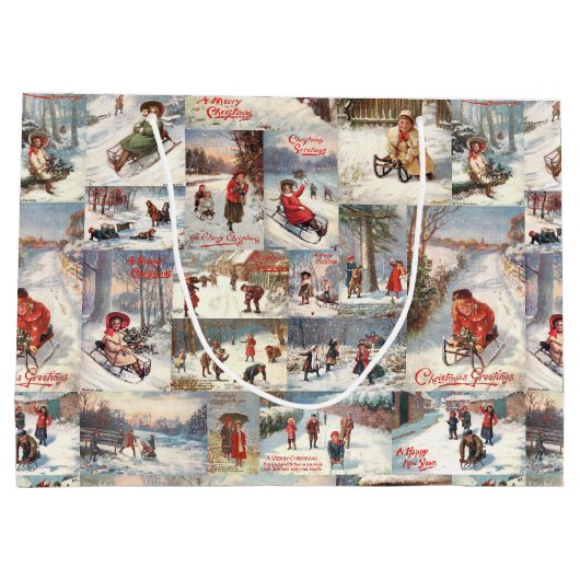 ヴィンテージ冬おもしろいクリスマスコラージュ ラージペーパーバッグ (裏面)