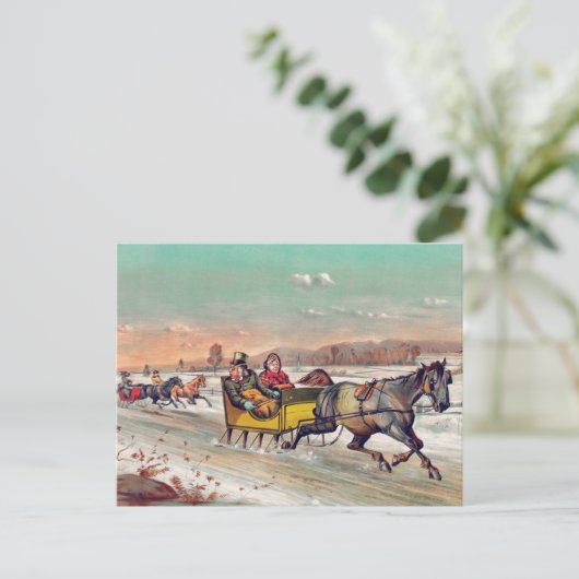 ヴィンテージ冬のクリスマスそりはがき ポストカード (スタンド正面)