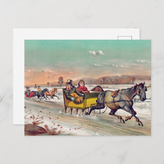 ヴィンテージ冬のクリスマスそりはがき ポストカード (正面/裏面)