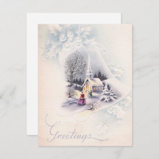 ヴィンテージ冬のクリスマスチャーチベルグリーティング シーズンカード (正面/裏面)
