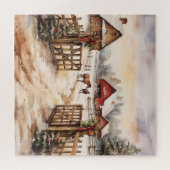 ヴィンテージ冬のクリスマスファームシーンと馬 ジグソーパズル (横)