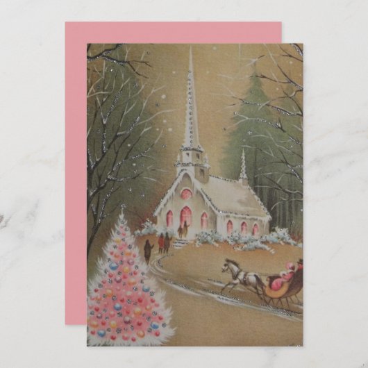 ヴィンテージ冬のクリスマス教会 シーズンカード (正面/裏面)