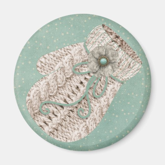 ヴィンテージ冬のケーブル編みミットングレーブルー マグネット (正面)