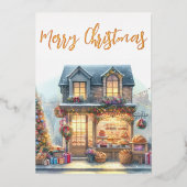 ヴィンテージ冬のシーンメリークリスマス金ゴールド 箔シーズンカード (正面)