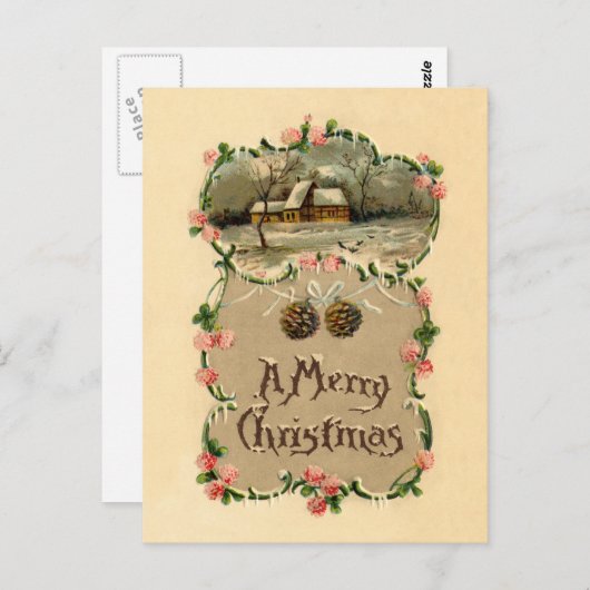 ヴィンテージ冬のシーン(フローラ付き縁ど) ポストカード (正面/裏面)