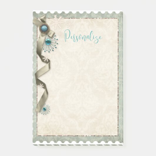 ヴィンテージ冬のスノーフレークのリボンとダマスクのポストi ポストイット (正面)