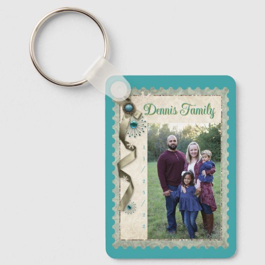 ヴィンテージ冬のスノーフレークのリボンのダマスクの写真 キーホルダー (正面)