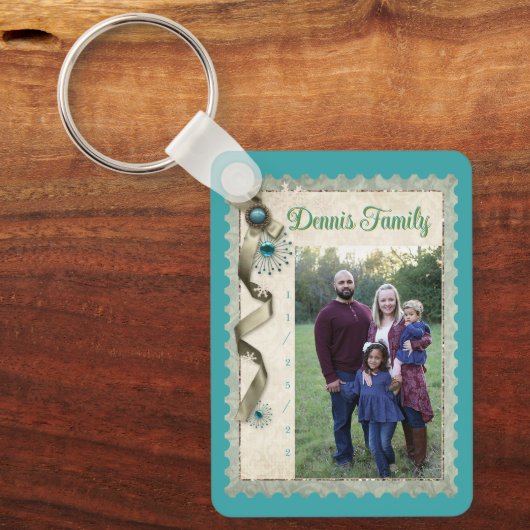 ヴィンテージ冬のスノーフレークのリボンのダマスクの写真 キーホルダー (正面)