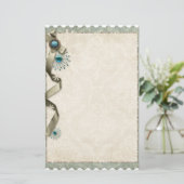 ヴィンテージ冬のスノーフレークリボンダマスクティール（緑がかった色）クリーム 便箋 (スタンド正面)