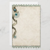 ヴィンテージ冬のスノーフレークリボンダマスクティール（緑がかった色）クリーム 便箋 (正面/裏面)