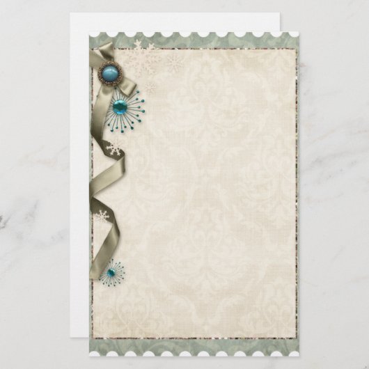 ヴィンテージ冬のスノーフレークリボンダマスクティール（緑がかった色）クリーム 便箋 (正面/裏面)