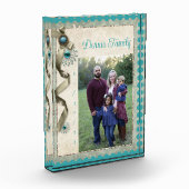 ヴィンテージ冬のスノーフレークリボンダマスクティール（緑がかった色） フォトブロック (左)