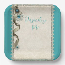 ヴィンテージ冬のスノーフレークリボンダマスクティール（緑がかった色） ペーパープレート