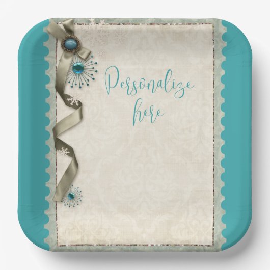 ヴィンテージ冬のスノーフレークリボンダマスクティール（緑がかった色） ペーパープレート (正面)