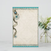 ヴィンテージ冬のスノーフレークリボンダマスクティール(緑がかった色)金ゴールド 便箋 (スタンド正面)