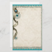 ヴィンテージ冬のスノーフレークリボンダマスクティール(緑がかった色)金ゴールド 便箋 (正面/裏面)