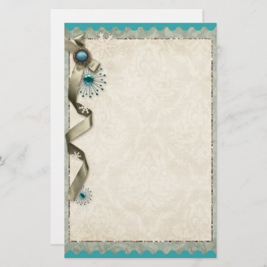 ヴィンテージ冬のスノーフレークリボンダマスクティール(緑がかった色)金ゴールド 便箋 (正面/裏面)