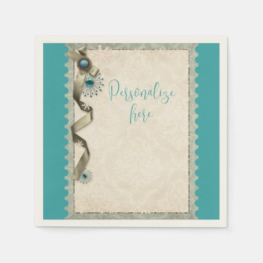 ヴィンテージ冬のスノーフレークリボンダマスク金ゴールドティール（緑がかった色） スタンダードカクテルナプキン (正面)