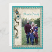 ヴィンテージ冬のスノーフレーク・リボンとダマスクの写真 シーズンカード (正面/裏面)