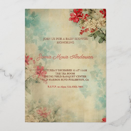 ヴィンテージ冬のフローラクリスマスベビーシャワー 箔招待状 (正面)