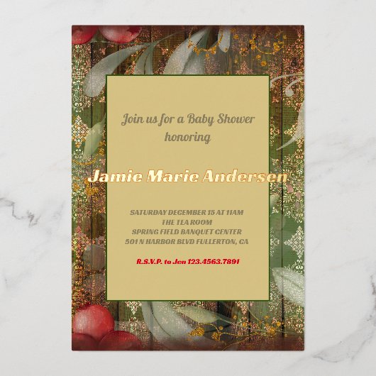 ヴィンテージ冬のフローラクリスマスベビーシャワー 箔招待状 (正面)