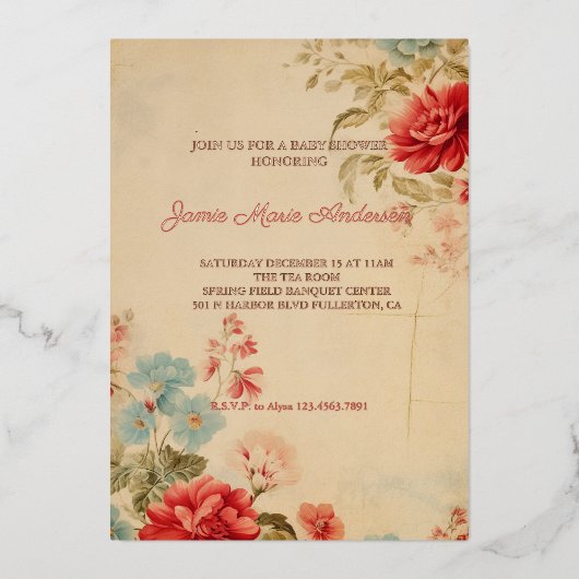 ヴィンテージ冬のフローラクリスマスベビーシャワー 箔招待状 (正面)