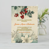 ヴィンテージ冬のフローラクリスマスベビーシャワー 箔招待状 (立ち正面)