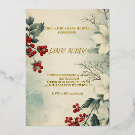 ヴィンテージ冬のフローラクリスマスベビーシャワー 箔招待状