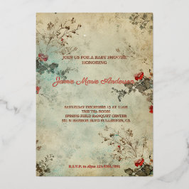 ヴィンテージ冬のフローラクリスマスベビーシャワー 箔招待状