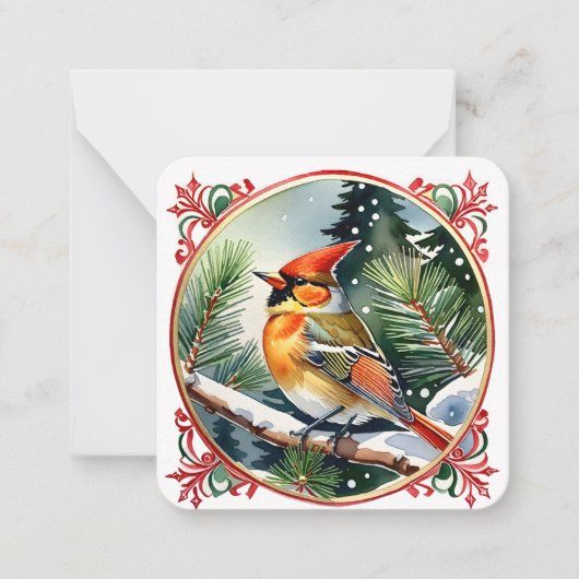 ヴィンテージ冬のワンダーランド：（鳥）ショウジョウコウカンチョウクリスマス ノートカード (正面)