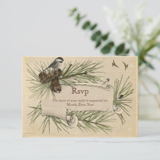 ヴィンテージ冬の国の結婚式のRSVPカード 出欠カード (スタンド正面)