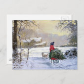 ヴィンテージ冬の子どもが木を持ち帰る ポストカード (正面/裏面)