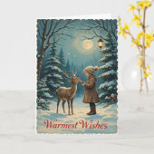 ヴィンテージ冬の少女　森　平穏な暖かい願い カード (黄色い花)