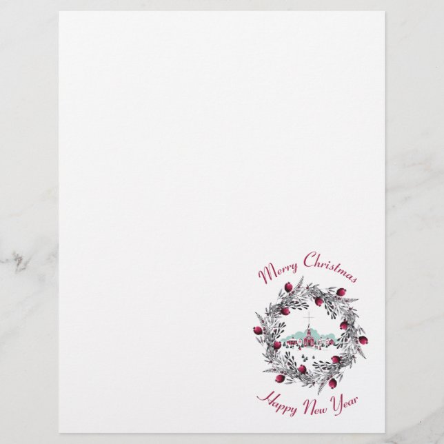 ヴィンテージ冬の教会のシーンとクリスマスリース (正面)