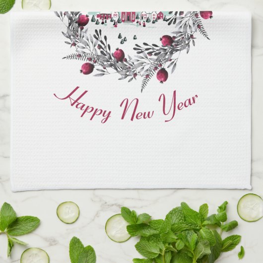 ヴィンテージ冬の教会のシーンとクリスマスリース キッチンタオル (折り畳み)