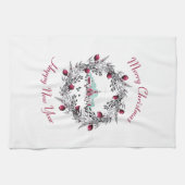 ヴィンテージ冬の教会のシーンとクリスマスリース キッチンタオル (横)