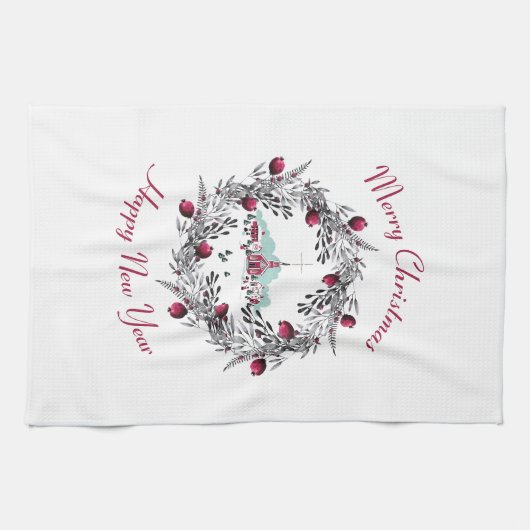 ヴィンテージ冬の教会のシーンとクリスマスリース キッチンタオル (横)