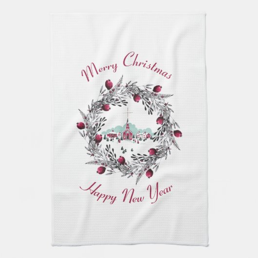 ヴィンテージ冬の教会のシーンとクリスマスリース キッチンタオル (縦)