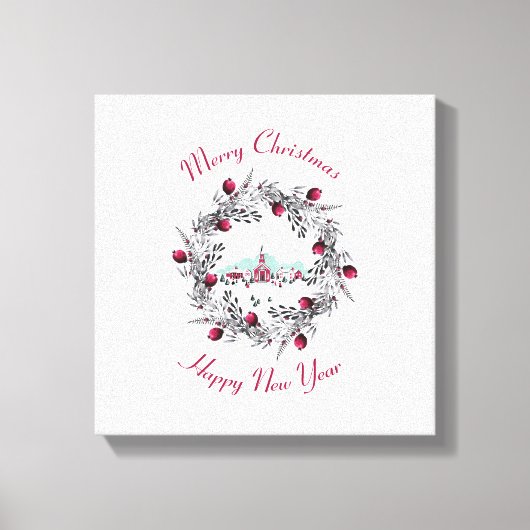 ヴィンテージ冬の教会のシーンとクリスマスリース キャンバスプリント (正面)