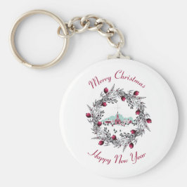 ヴィンテージ冬の教会のシーンとクリスマスリース キーホルダー