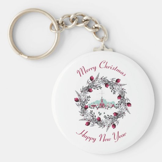 ヴィンテージ冬の教会のシーンとクリスマスリース キーホルダー (正面)