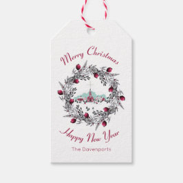 ヴィンテージ冬の教会のシーンとクリスマスリース ギフトタグ