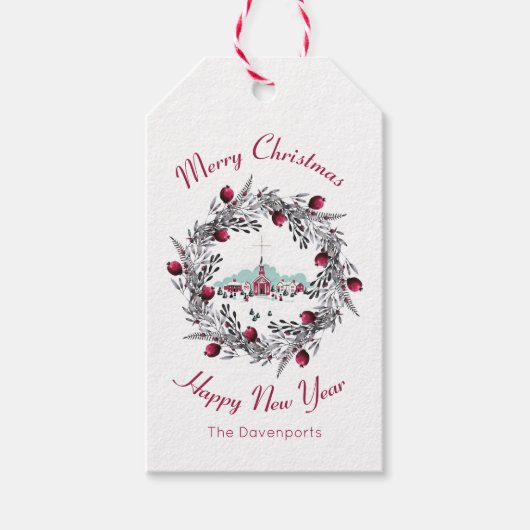 ヴィンテージ冬の教会のシーンとクリスマスリース ギフトタグ (正面)