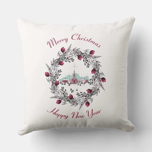 ヴィンテージ冬の教会のシーンとクリスマスリース クッション (裏面)