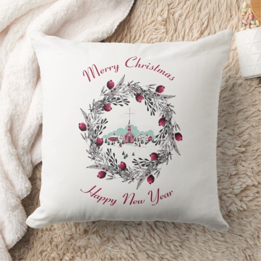 ヴィンテージ冬の教会のシーンとクリスマスリース クッション (ブランケット)