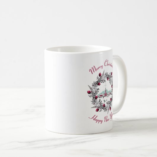 ヴィンテージ冬の教会のシーンとクリスマスリース コーヒーマグカップ (正面右)