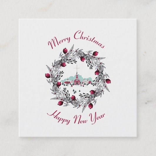 ヴィンテージ冬の教会のシーンとクリスマスリース スクエア名刺 (正面)