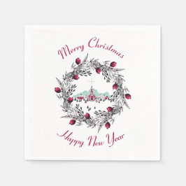 ヴィンテージ冬の教会のシーンとクリスマスリース スタンダードカクテルナプキン